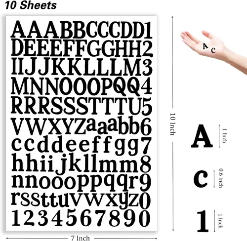 Miniatura 2 de 10 hojas de calcomanías de letras de vinilo negro, 1200 piezas de calcomanías autoadhesivas de números y alfabeto, números de buzón para letreros