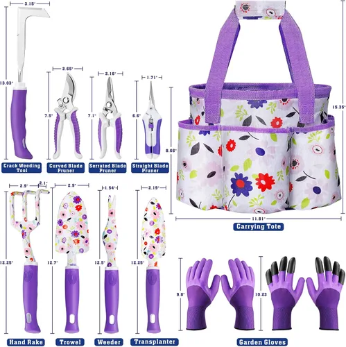 Miniatura 6 de Juego de herramientas de jardín moradas florales, regalos de jardinería para mujeres, juego de tijeras de podar de jardín, kit de herramientas