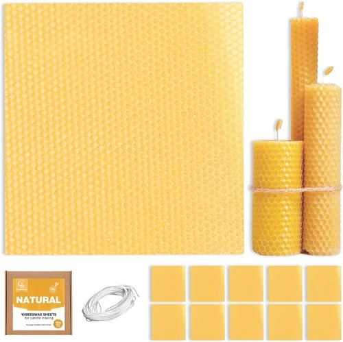 Hojas de cera de abeja natural para hacer velas (paquete de 10 hojas con mechas de algodón), tono amarillo natural, kit de enrollamiento de velas de