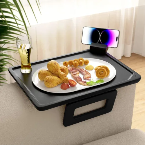 Miniatura 12 de Smatdecis Bandeja de brazo para sofá, mesa de clip para brazos, mesa de bandeja para reposabrazos adecuada para bebidas caseras, comida rápida, Negro
