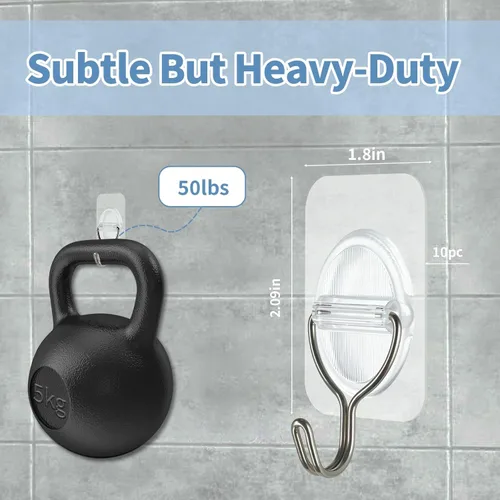 Miniatura 2 de Ganchos adhesivos de pared sin daños, ganchos adhesivos para colgar, paquete de 10 – acero inoxidable transparente de 11.0 lbs resistente