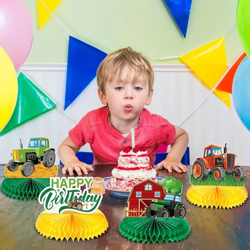 Miniatura 6 de Zonon 6 piezas de decoración de cumpleaños de tractor, centro de mesa de panal de abeja, suministros de fiesta, decoración de granja para tractores