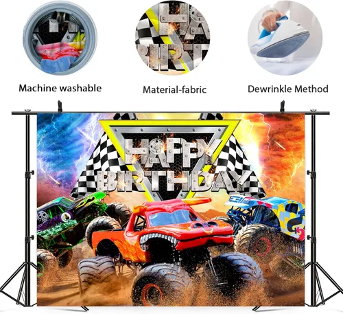 Miniatura 5 de Newsely Suministros de fiesta de cumpleaños con temática de camión Telón de fondo 7 pies de ancho x 5 pies de alto Monster Boys Kids Feliz 03Truck
