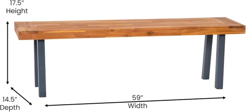 Miniatura 2 de BizChair Banco de madera de acacia maciza, parte superior de listones con acabado natural, patas de madera acampanadas negras, 500 libras. Capacidad