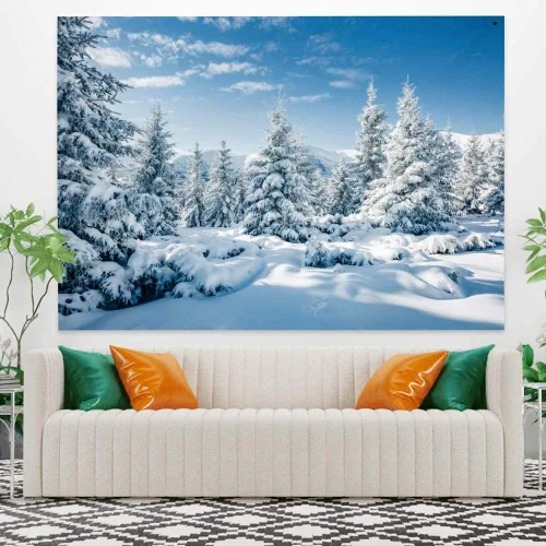 Miniatura 4 de Arrebolart Tapiz de bosque de invierno para colgar en la pared, pinos en tapiz nevado, tapiz de paisaje de Feliz Navidad, arte de pared para niños