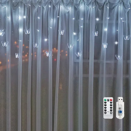 Miniatura 10 de Guirnalda de luces de cadena de hadas con cortina de mariposa, 120 LED, 8 modos, temporizador alimentado por USB, luz parpadeante de luciérnaga