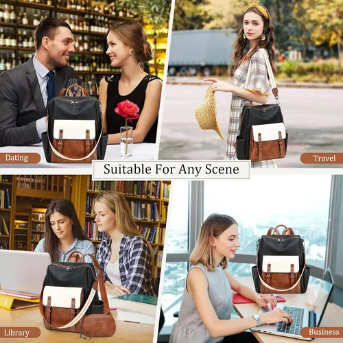 Miniatura 7 de AGLOD Mochila de cuero sintético para mujer, bolsos de viaje de moda para mujer, bolsos de viaje de trabajo de imitación, Beige- negro-marrón