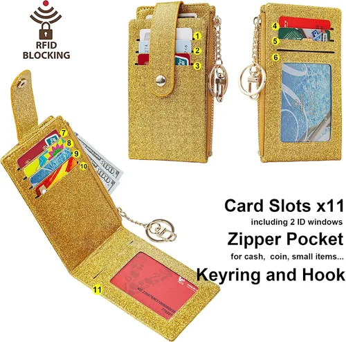 Miniatura 21 de Tarjetero delgado con bloqueo RFID, billetera de bolsillo pequeño, con cremallera Keychian para monedero, monedero y tarjetero para mujeres y hombres