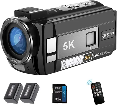 ORDRO Videocámara 5K, videocámara de visión nocturna para viajes YouTube, cámara de video digital con gran angular de 95°, modo WDR, estabilizador