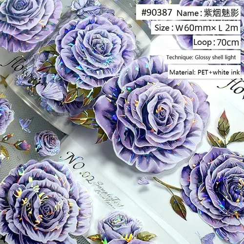 Miniatura 4 de Cinta washi de rosa para collage original de flores, creatividad, hecha a mano, para libro de diario, material PET con efecto láser (90387)
