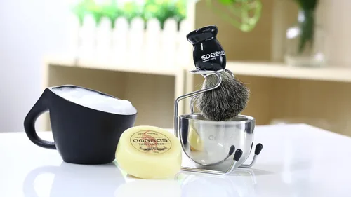 Miniatura 2 de Kit de afeitado Anbbas con brocha de cerdas de tejón puro, mango de madera negra y barra de jabón recargable de 100g, soporte de afeitado de acero