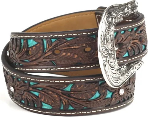 Miniatura 3 de ARIAT Cinturón floral marrón juvenil con incrustaciones de turquesa pintadas