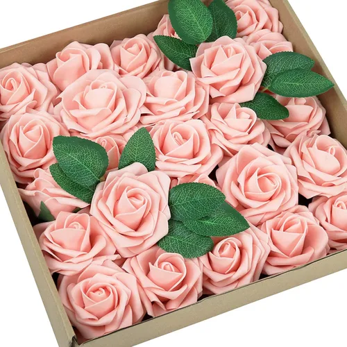 Greenco Juego de 25 rosas artificiales en tallo de aspecto realista para bodas, fiestas, arreglos florales, centros de mesa y regalos, color rosa