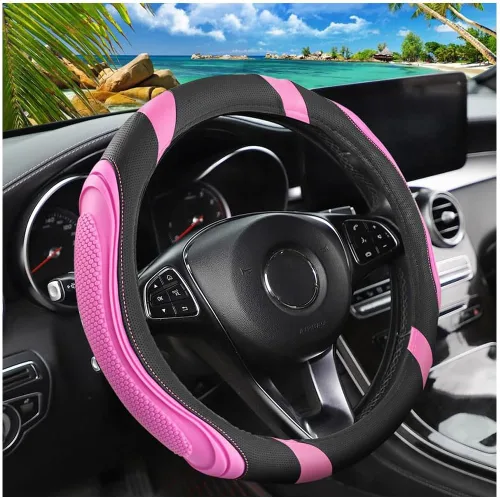 Miniatura 11 de Osilly Funda de cuero para volante de automóvil de 15 pulgadas, accesorios automotrices elástica, transpirable, antideslizante, protector de volante