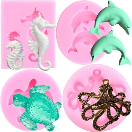 Mujiang Molde de silicona de caballito de mar de tortuga de mar, molde de fondant de delfín y pulpo, para decoración de tartas de tortuga,