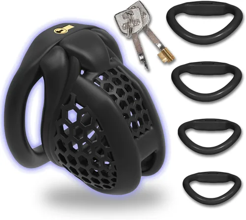 Jaula para el pene impresa en 3D con 4 anillos curvos a presión, pequeños dispositivos de castidad de panal para hombres, SM Fetiche Extreme
