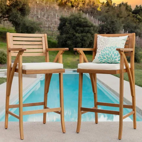 Miniatura 2 de Best Choice Products Juego de 2 taburetes de bar de madera de acacia para exteriores, sillas de bar para patio, piscina, jardín con cojines Crema