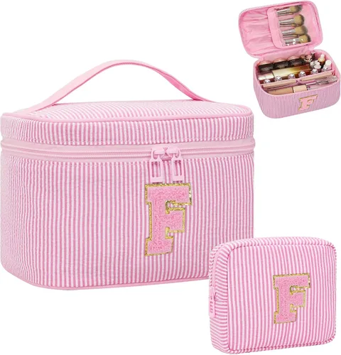 Miniatura 50 de Juego de bolsas de maquillaje con iniciales para niñas y mujeres, bolsa de cosméticos con monograma con soporte para cepillos, estuche de maquillaje