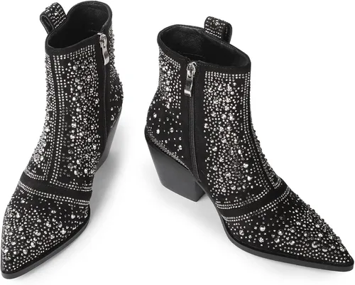 Miniatura 2 de ISNOM Rhinestone Cowboy Boots Sparkly Ankle Boots with Pointed Toe and Chunky Heel Design