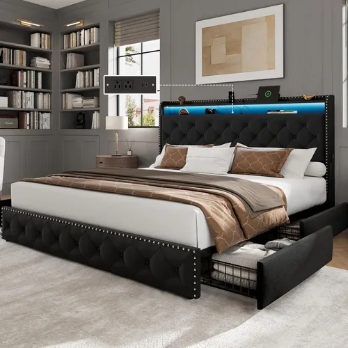 LARMACE Base de cama tamaño King con 4 cajones de almacenamiento, base de cama tapizada de terciopelo, plataforma King con luces LED y estación de