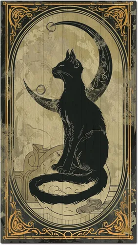 Letrero colgante retro de Halloween en madera, arte de pared gótico de gato negro y luna con 2 ganchos en la parte posterior, obra de arte de