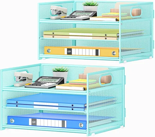 Miniatura 21 de SUBEKYU 2 paquetes de organizador de bandejas de cartas de 3 niveles para escritorio, organizador clasificador de archivos de malla metálica negra