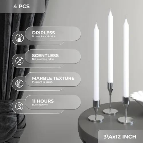 Miniatura 2 de CANDWAX Paquete de 4 velas cónicas blancas, sin goteo, de combustión lenta, sin perfume, de 12 pulgadas, ideales para mesa de comedor, candelabros