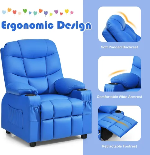 Miniatura 7 de Costzon Silla Reclinable para Niños con Portavasos, Silla de Salón de Cuero Ajustable con Reposapiés y Bolsillos Laterales para Habitación de Niños