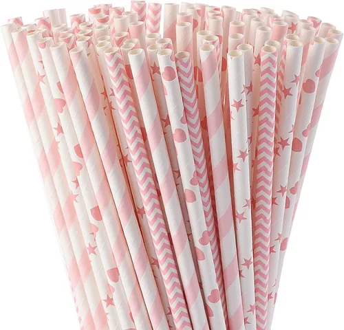 ALINK Pajitas de papel rosa biodegradables, paquete de 100 pajitas de fiesta para jugos, cócteles, batidos, cumpleaños, bodas, novias/baby shower y