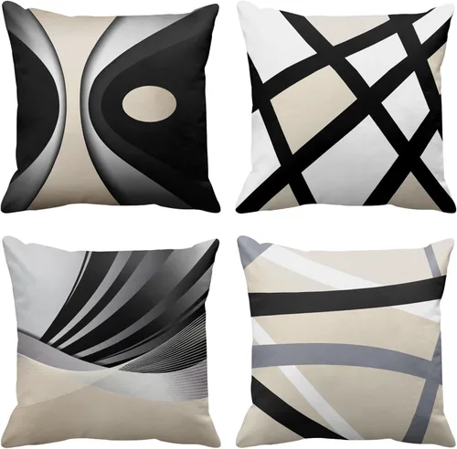 Miniatura 10 de Emvency - Juego de 4 fundas de almohada decorativas modernas con rayas abstractas en rojo, gris, negro y blanco, acrílico, gris audaz, fundas