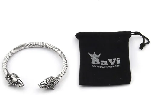 Miniatura 5 de BAVIPOWER Pulsera de acero inoxidable con cabezas de lobo nórdico Fenrir Odin Raven Dragón Serpiente de acero inoxidable fuerte Pagan Jewelry