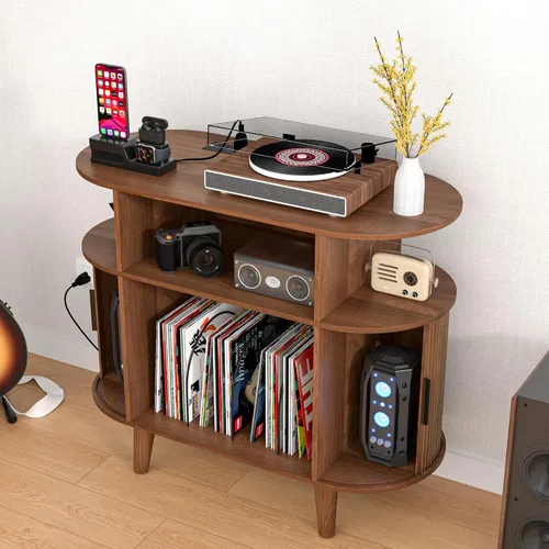 Miniatura 5 de LUVIOHOME Soporte redondo para tocadiscos, mesa de tocadiscos de mediados de siglo, estante para tocadiscos de vinilo con salida de corriente