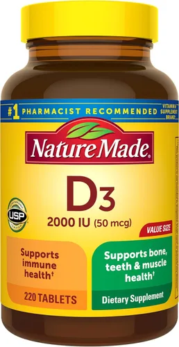 Nature Made Vitamina D3 2000 UI (50 mcg), suplemento de vitamina D para el apoyo de la salud de los huesos, dientes, músculos e inmunidad, 220