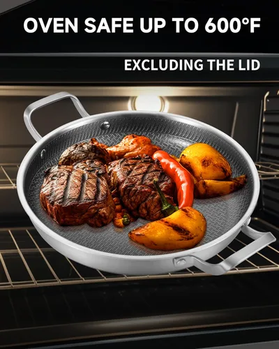 Miniatura 5 de LOLYKITCH - Sartén antiadherente de 12 pulgadas para paella con asas laterales y tapa, revestimiento cerámico, acero inoxidable de tres capas