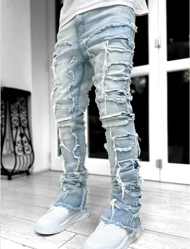 Miniatura 5 de GDJGTA Jeans apilados para hombre, ajustados, rasgados, elásticos, desgastados, rectos, pantalones de mezclilla estilo hip hop, ropa de calle