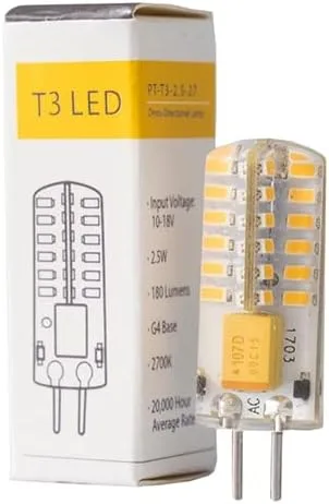 Pro-Trade T3 LED 2.5W 180 lúmenes 2700K G4 base bi-pin PT-T3-2.5-27 25.000 horas omnidireccional 10-15V bajo voltaje 12v lámpara regulable