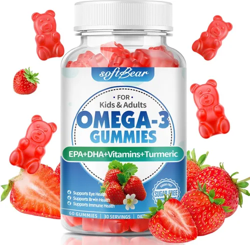 softbear Gomitas Omega 3 para mujeres, hombres y niños, suplementos Omega 3 de 1200 mg de ácidos grasos veganos Omega 3 DHA EPA con vitaminas que