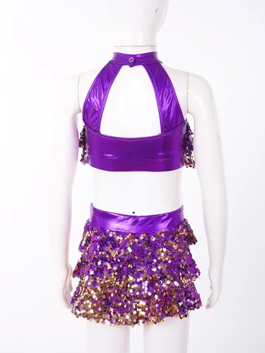 Miniatura 4 de Conjunto de camiseta corta metálica de lentejuelas con falda para niñas y niñas, trajes de baile latino de jazz, 2 piezas, disfraz de baile