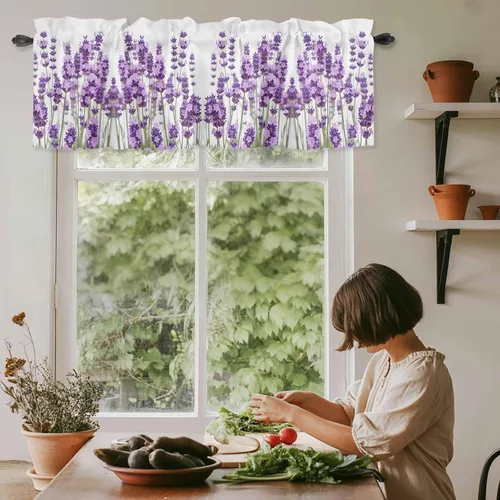 Miniatura 8 de Cortina de cenefas de lavanda púrpura pastoral para cocina, cafetería, cenefa floral de primavera de 42 x 12 pulgadas, bolsillo para barra, cortinas