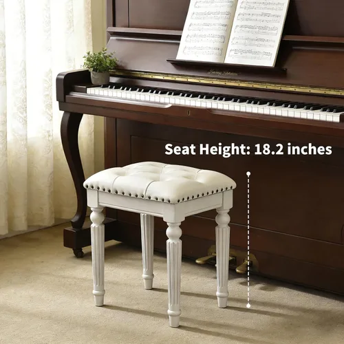 Miniatura 9 de Taburete de tocador con cojín de piel sintética blanca, pequeño asiento de cuero sintético con ribete de cabeza de clavo y diseño copetudo, patas