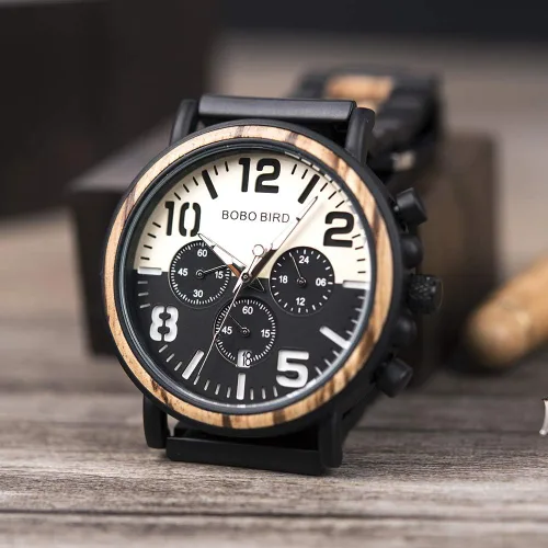 Miniatura 3 de BOBO BIRD Reloj de acero inoxidable de madera para hombre, cronógrafo, relojes de cuarzo