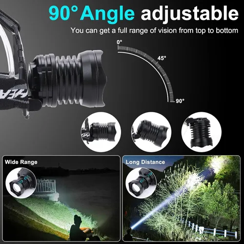 Miniatura 4 de Linterna frontal recargable, 3000 lúmenes, faros delanteros LED recargables con 10 modos, faros delanteros brillantes ajustables de 90°