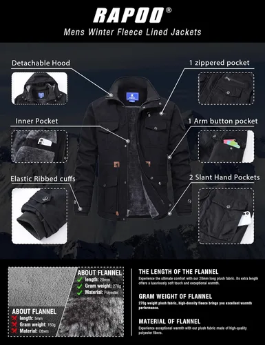 Miniatura 5 de Rapoo Chaqueta de invierno para hombre, de algodón, con forro polar, gruesa y cálida, con capucha