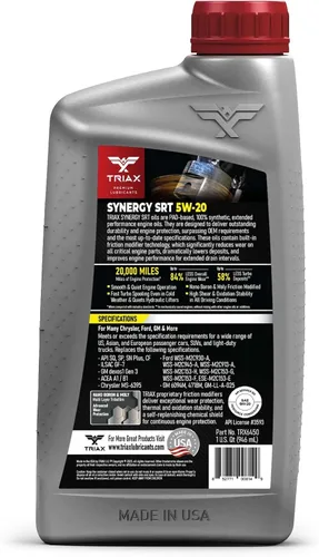 Miniatura 2 de TRIAX Synergy SRT 5W-20 Aceite de motor PAO-éster completamente sintético, drenaje de 12.4 mi, modificación por fricción moly/boro, licencia API SP