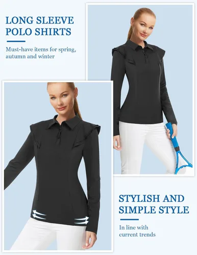 Miniatura 3 de JACK SMITH Polo de golf de manga larga para mujer, con volantes, absorbe la humedad, camisas atléticas de tenis con botones