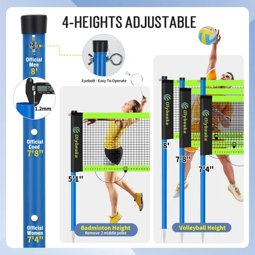 Miniatura 2 de Juego de red portátil de voleibol y bádminton para patio trasero y playa con 2 redes (20 pies y 32 pies), postes ajustables, voleibol