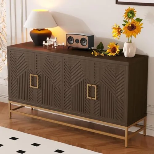 Miniatura 28 de Virubi Armario de buffet acanalado de 63 pulgadas con almacenamiento, puertas y estantes ajustables, mesa consola curva de madera con Azul marino