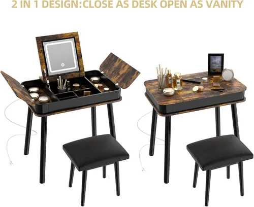 Miniatura 2 de Tiamo Escritorio retro de madera con espejo, luces, silla y cajones, juego de mesa de maquillaje y taburete de 32 pulgadas en marrón