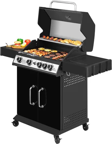 SG5003H - Parrilla de gas de 4 quemadores con quemador lateral con tapa, parrilla de gas propano estilo gabinete, salida de 49,000 BTU para patio al