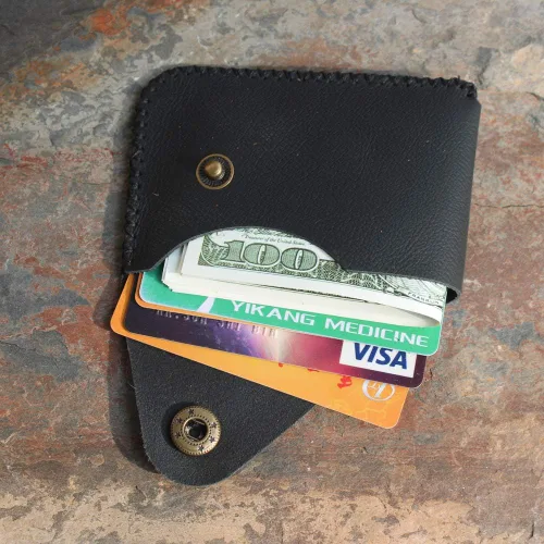 Miniatura 5 de Cartera organizadora de tarjetas de bolsillo frontal cosida a mano minimalista de cuero genuino para tarjetas, billetera con tarjetero pequeño, Negro